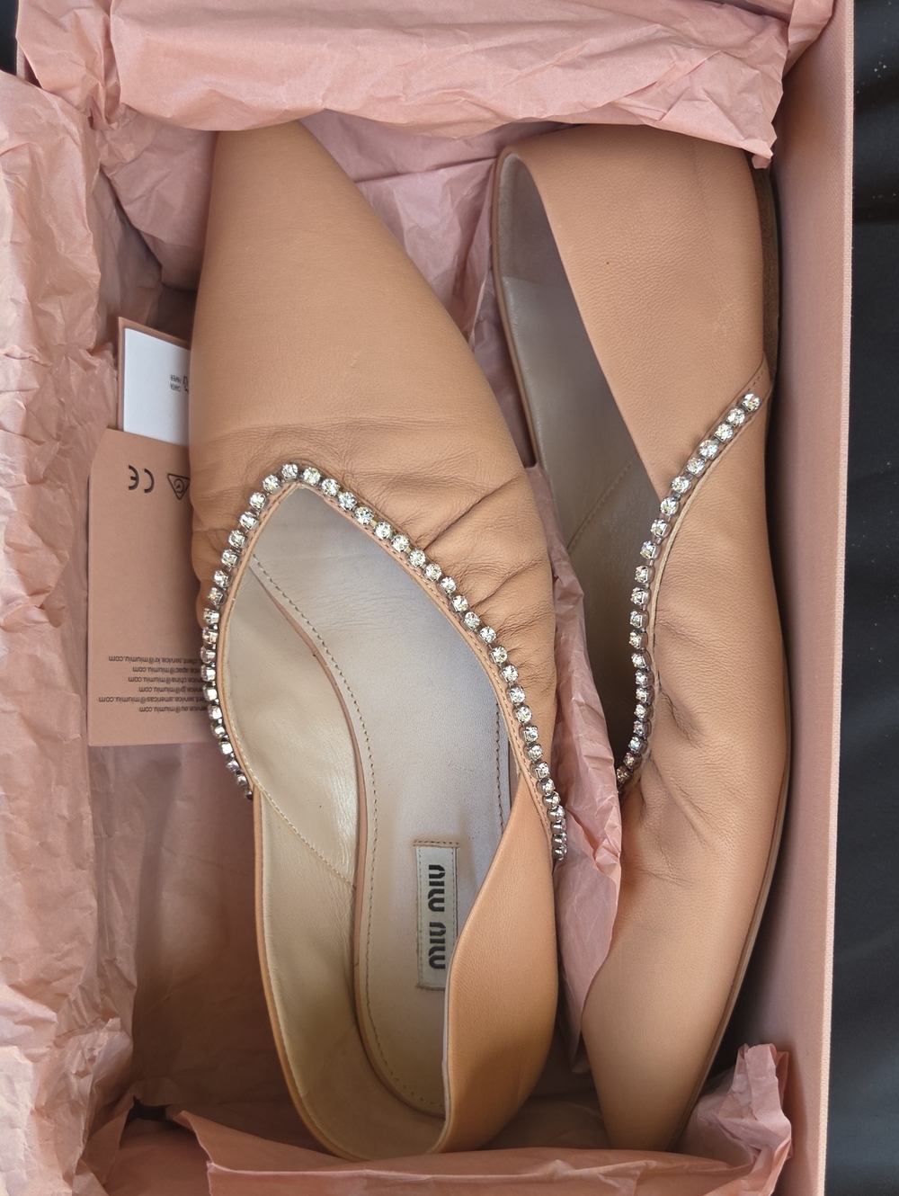 Miu Miu Blush Leather Ballet Flats with Crystal Trim
